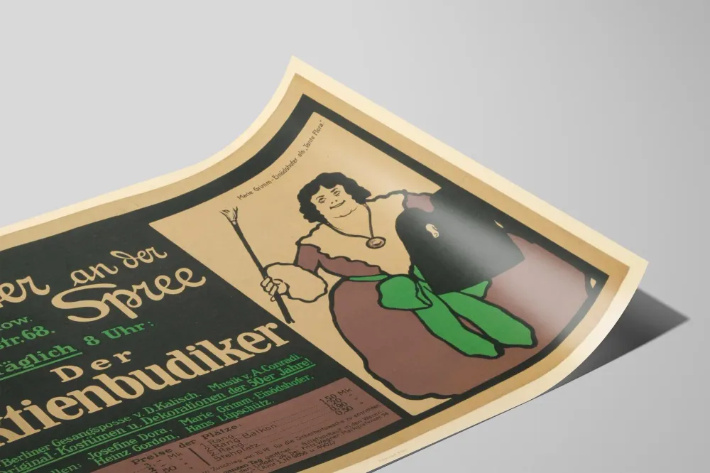 Teatterin juliste der Spree Der Aktienbudiker Marie Grimm kuten tätinä Flora