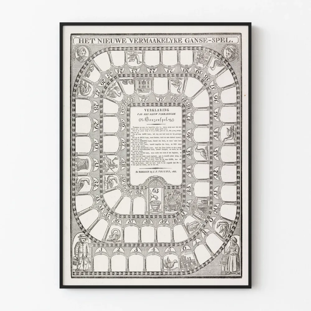 Vanhanaikainen "Het Nieuwe Vermaakelyke Ganse-Spel" -juhlakilpailun juliste 1835
