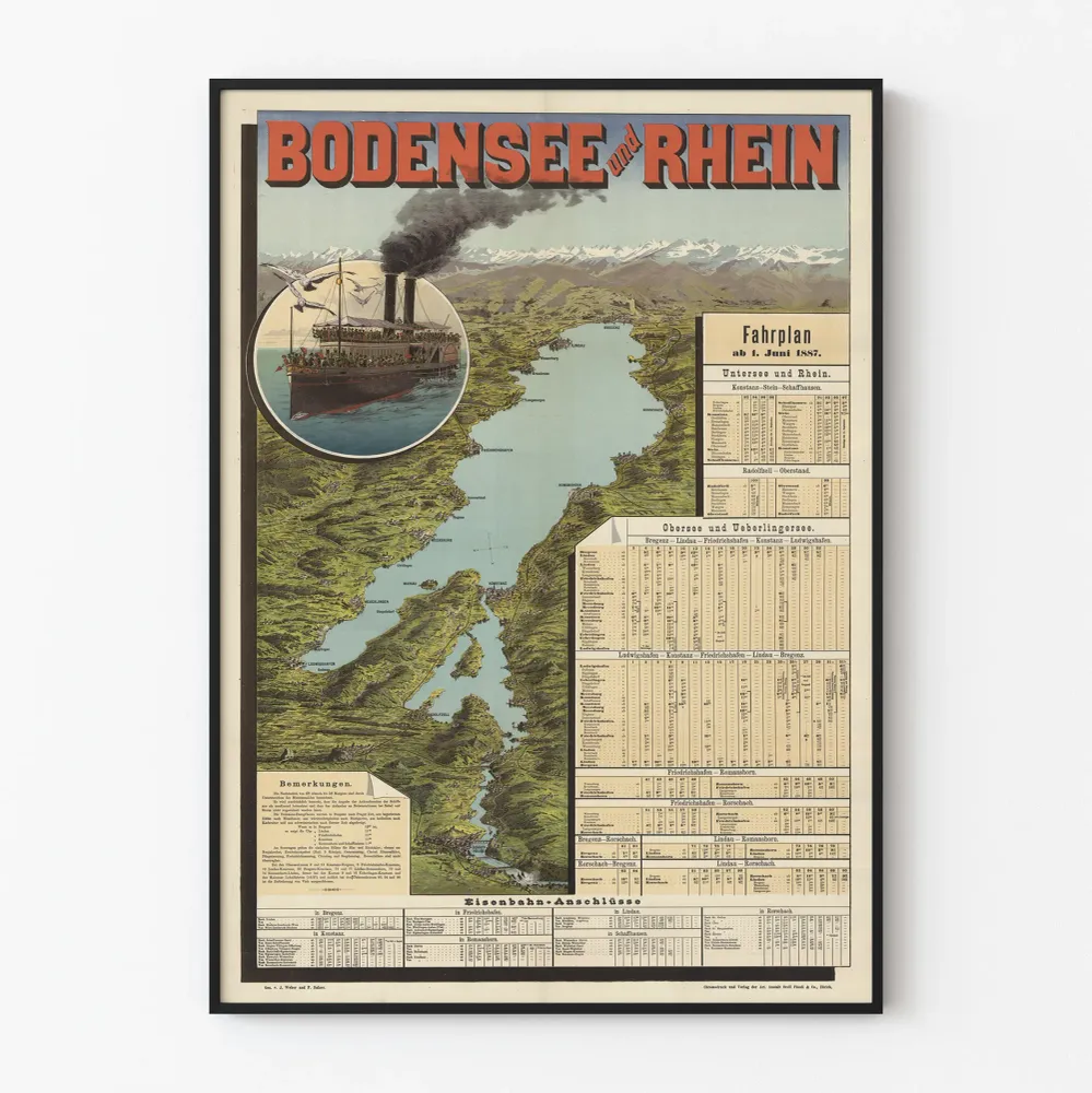 Vintage Bodensee ja Rhein - Risteilykartta vuodelta 1887