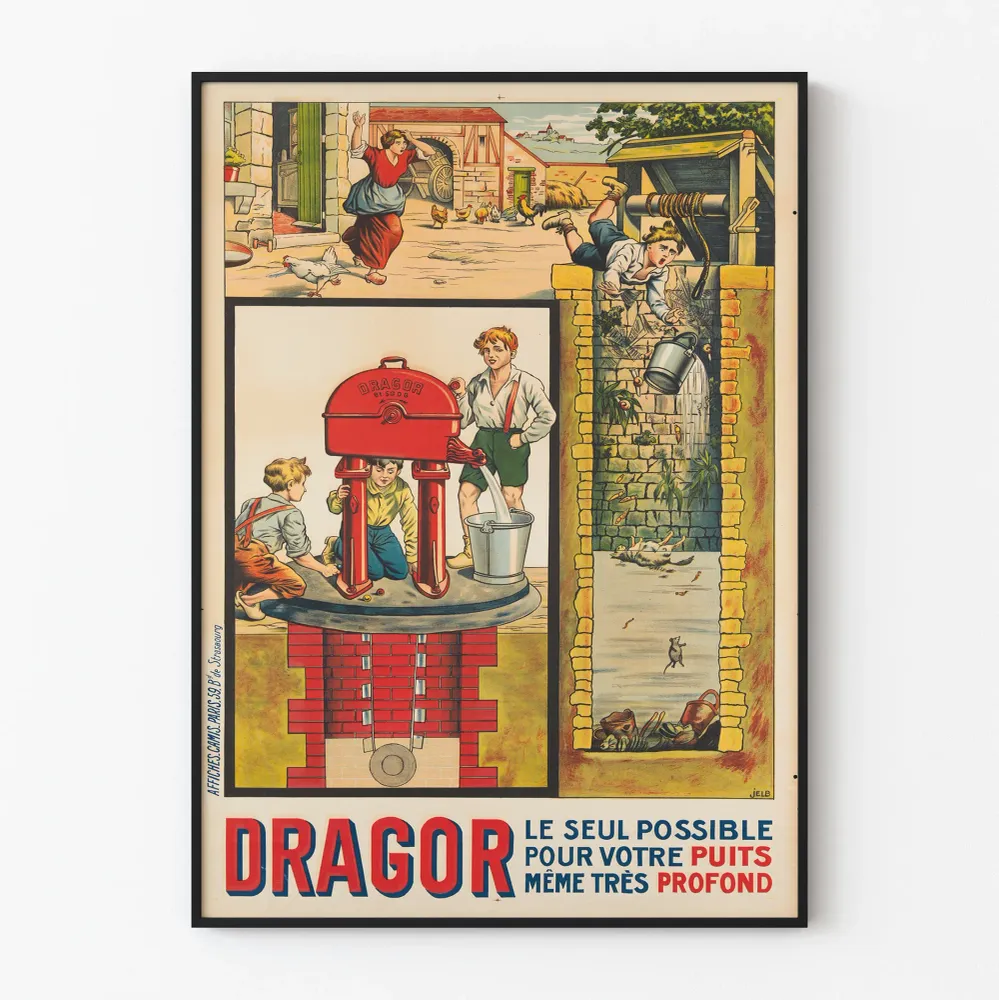Vintage DRAGOR mainospohja syväsuuntapumpulle
