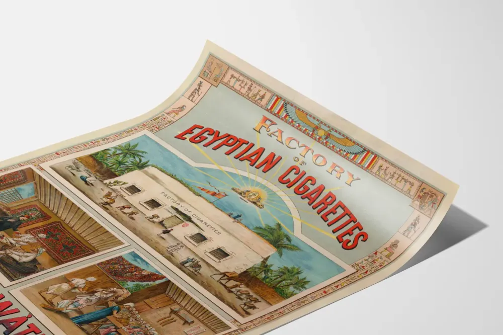 Vintage mainospohja Egyptin savukkeiden tehtaasta F. Syrowatka
