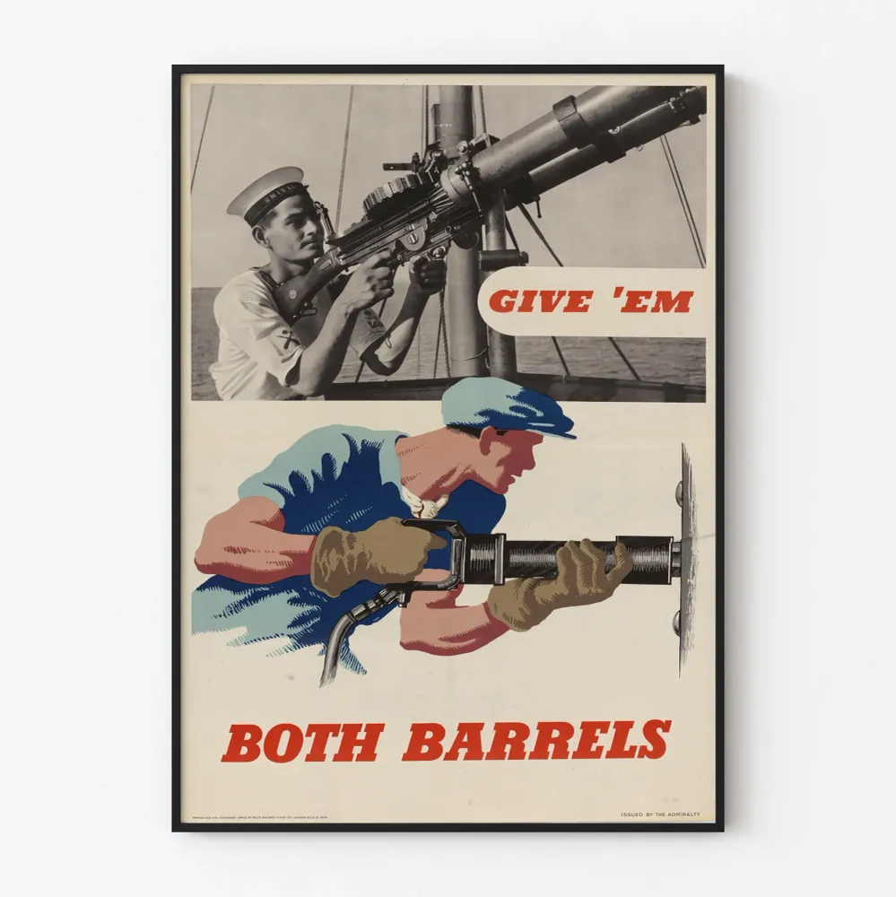 Vintage sotilasarvokuvake 'Give 'Em Both Barrels' - retro seinäkoriste
