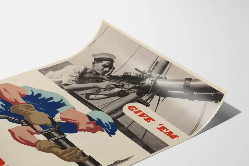 Vintage sotilasarvokuvake 'Give 'Em Both Barrels' - retro seinäkoriste