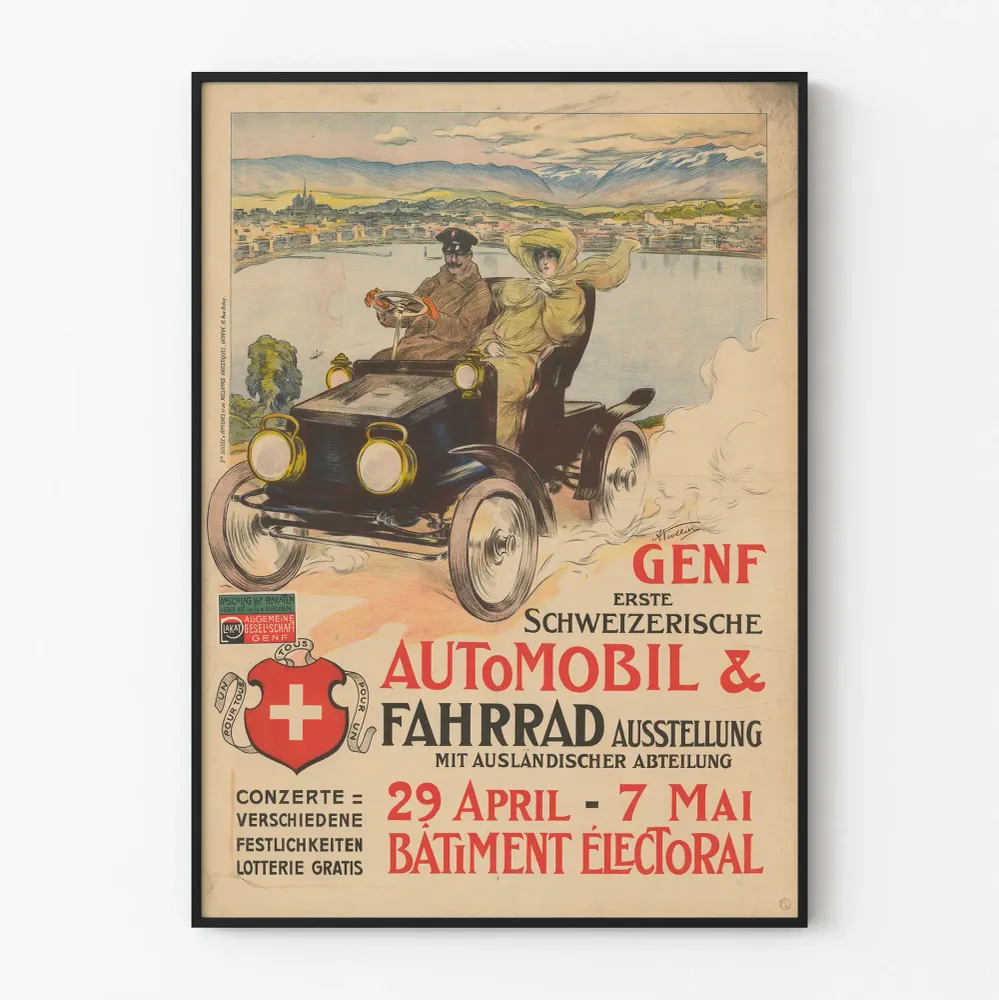 Vintageautojen ja pyörien näyttelyjuliste Geneve 1905