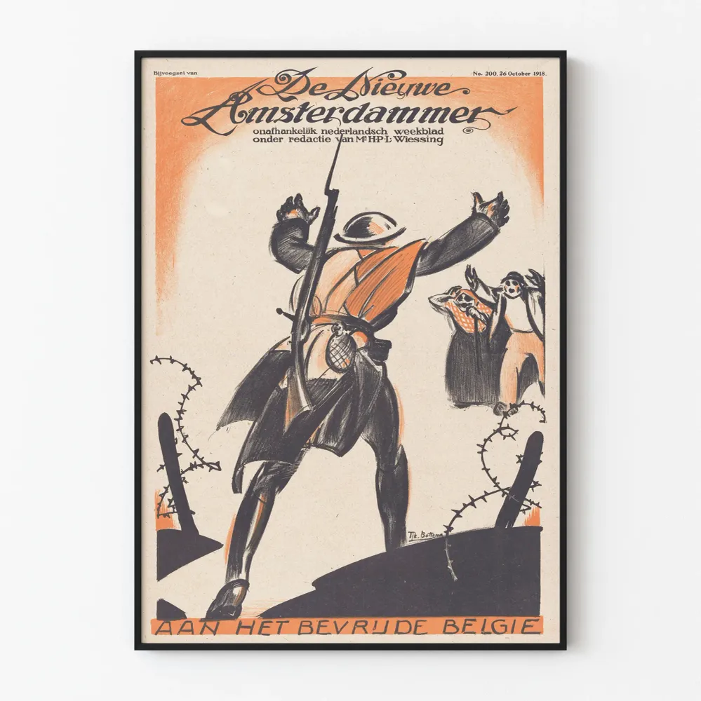 Vintagejuliste 'Aan Het Bevrijde Belgie' historiallinen seinäkoriste