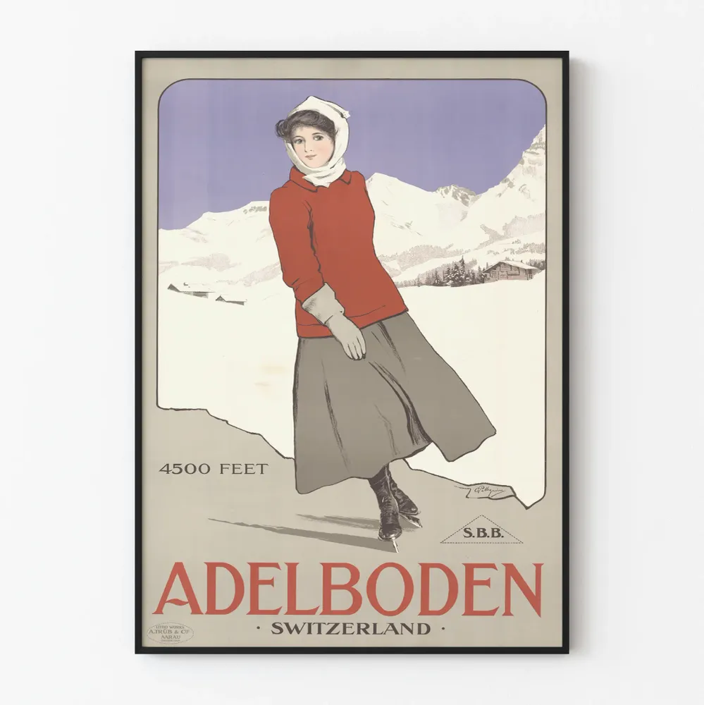 Vintagejuliste Adlerboden Sveitsi - Vuoristossa jäällä luistelija
