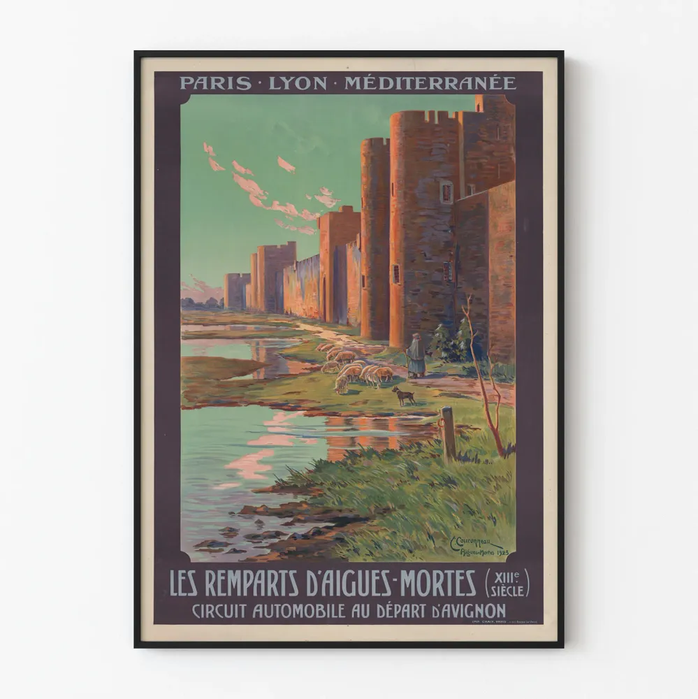 Vintagejuliste Aigues-Mortes-linnoit XIII. vuosisadan seinäkoriste