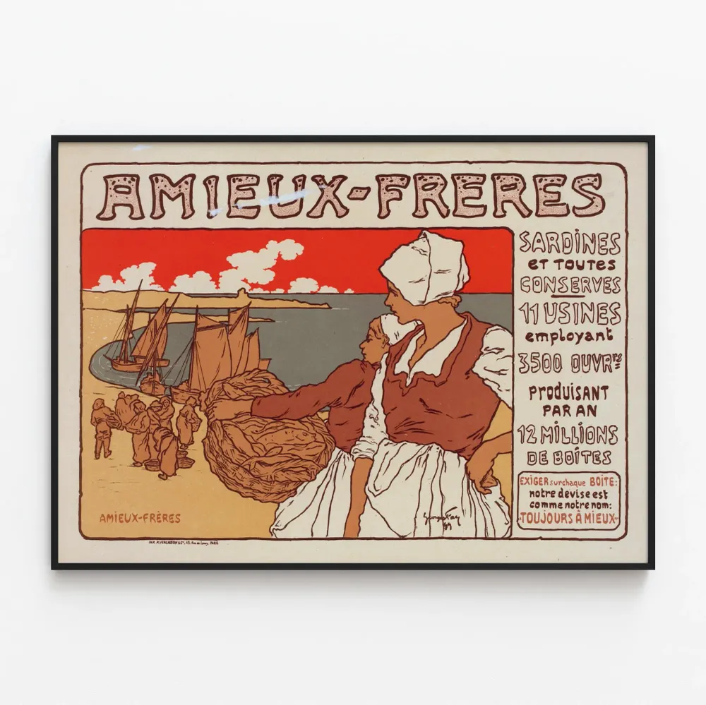 Vintagejuliste Amieux-Frères-sardiineista ja säilykkeistä