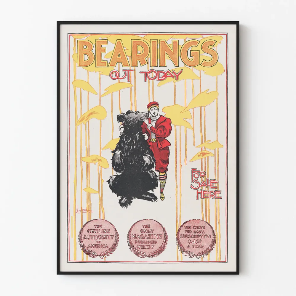Vintagejuliste 'Bearings Out Today' karhulla ja pyöräilijällä varustettuna