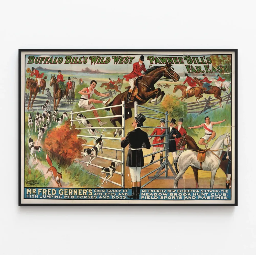 Vintagejuliste Buffalo Billin Wild Westistä ja Pawnee Billin Kaukoidästä - Ratsastus- ja urheilukoristelu seinälle
