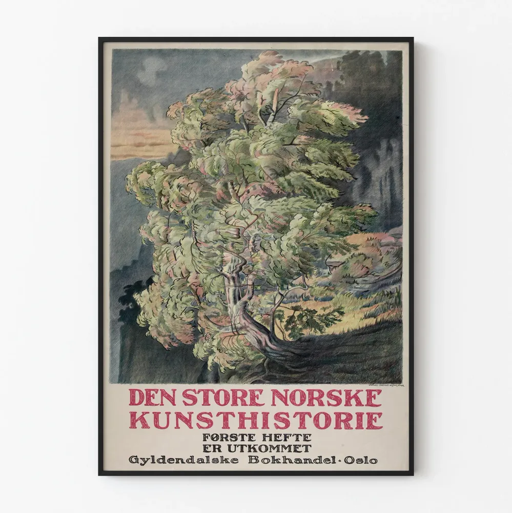 Vintagejuliste Den Store Norske Kunsthistorie puu-illustratiolla