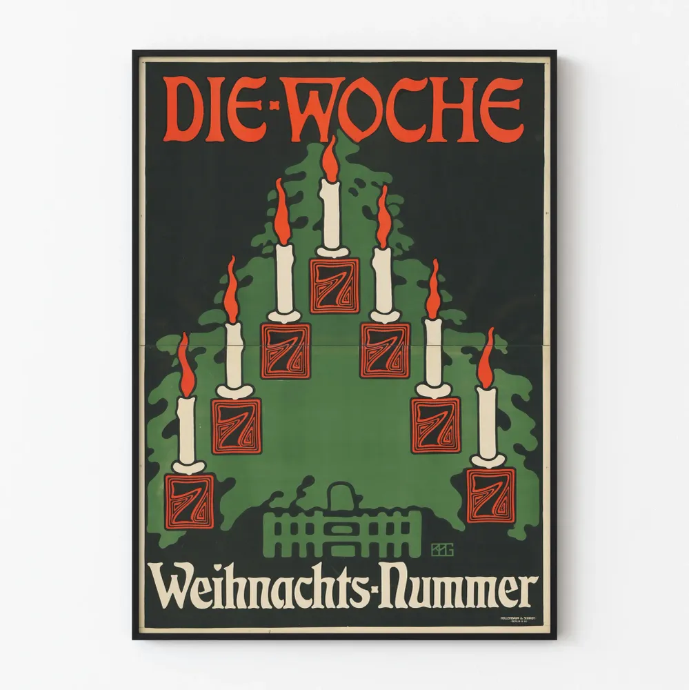 Vintagejuliste Die Woche joulunumero kynttilöineen