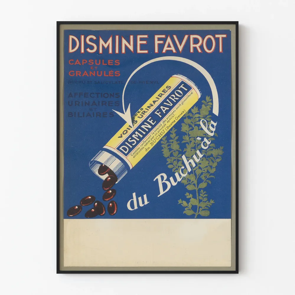 Vintagejuliste Disminé Favrot kapselien ja granulaattien Buchu-uutteen varten