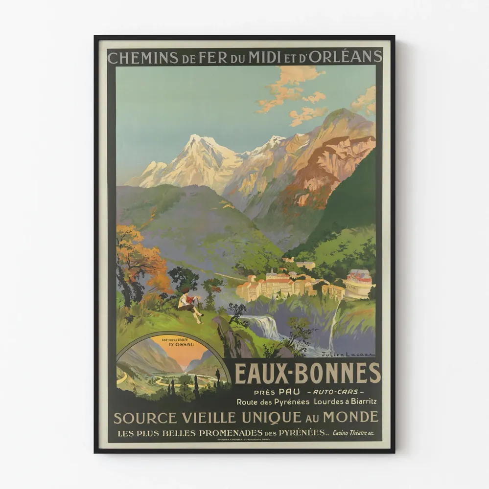 Vintagejuliste Eaux-Bonnes Pyrénées Midi- ja Orléansin rautatieasemat