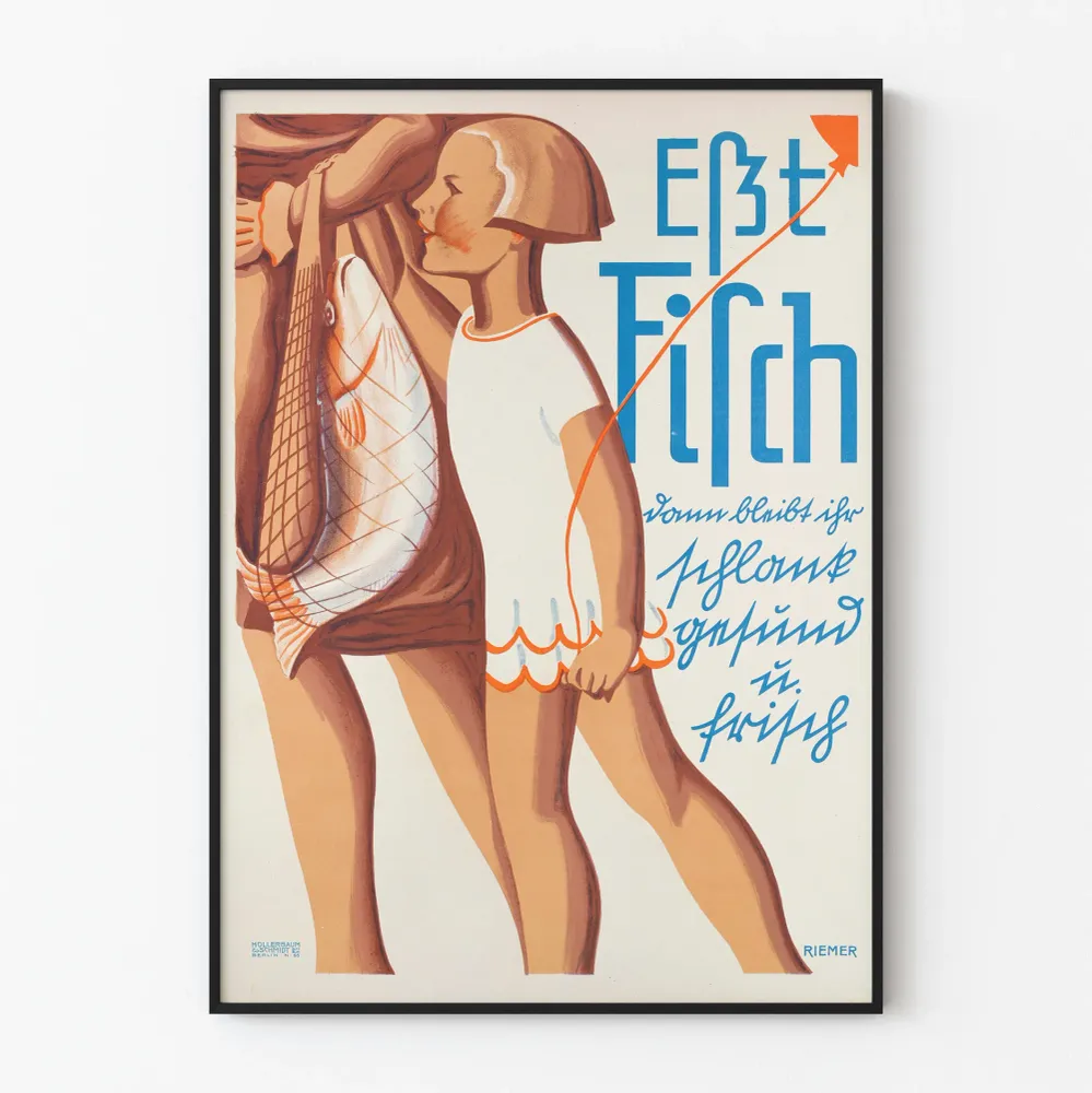 Vintagejuliste Est Fisch - Lasten ja kalan kuva seinäkoristeluun