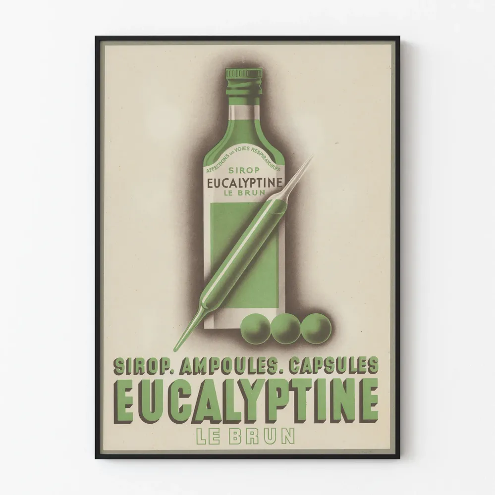 Vintagejuliste Eucalyptine Le Brun siirappi ja kapselit
