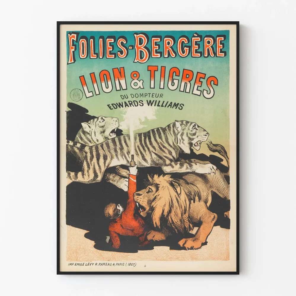 Vintagejuliste Folies Bergère Leijona ja tiikerit eläinlääkärin Edwards Williams