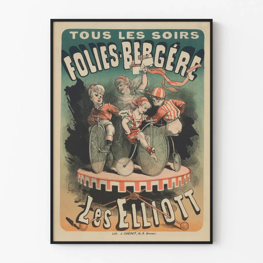 Vintagejuliste Folies-Bergère Les Elliott pyöräilemässä vanhalla pyörällä
