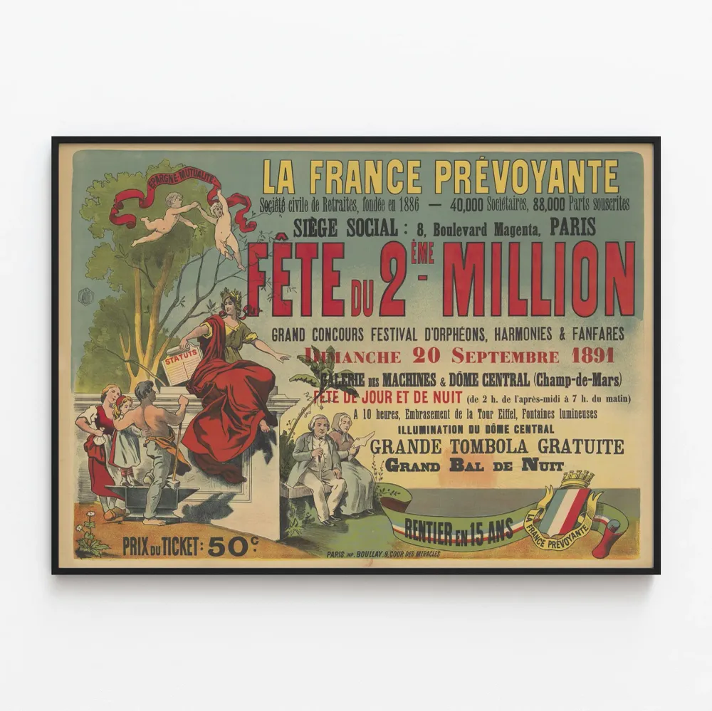 Vintagejuliste La France Prévoyante juhla 2. miljoona 1891