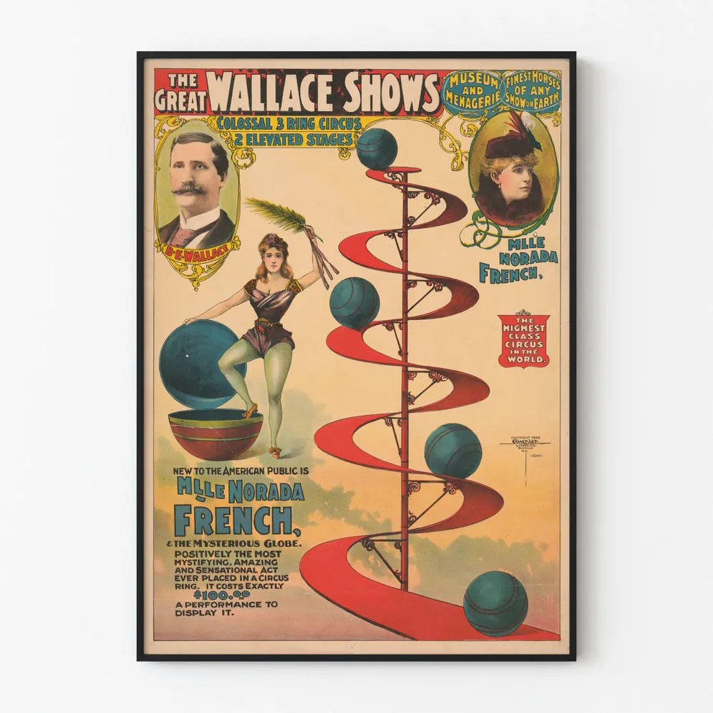 Vintagejuliste Great Wallace Shows -sirkus kolmella areenalla ja kahdella korotetulla lavalla