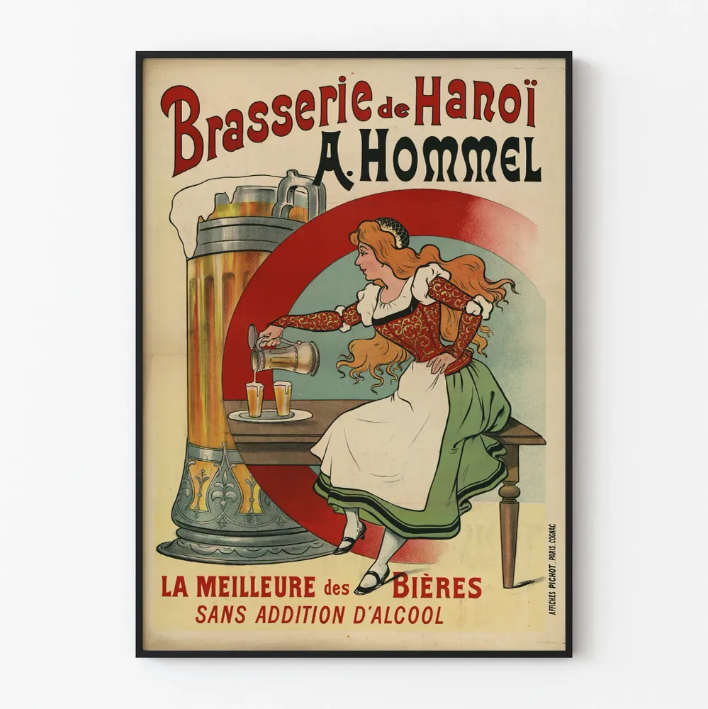 Vintagejuliste Hanoi-baarista . Hommel seinäkoriste olut