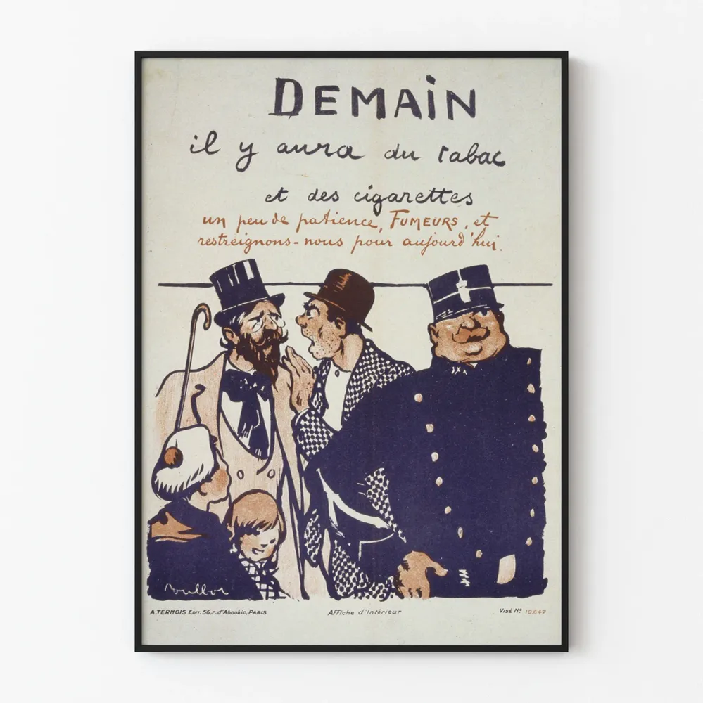 Vintagejuliste 'Huomenna on tupakkaa ja savukkeita' seinäkoristeluun