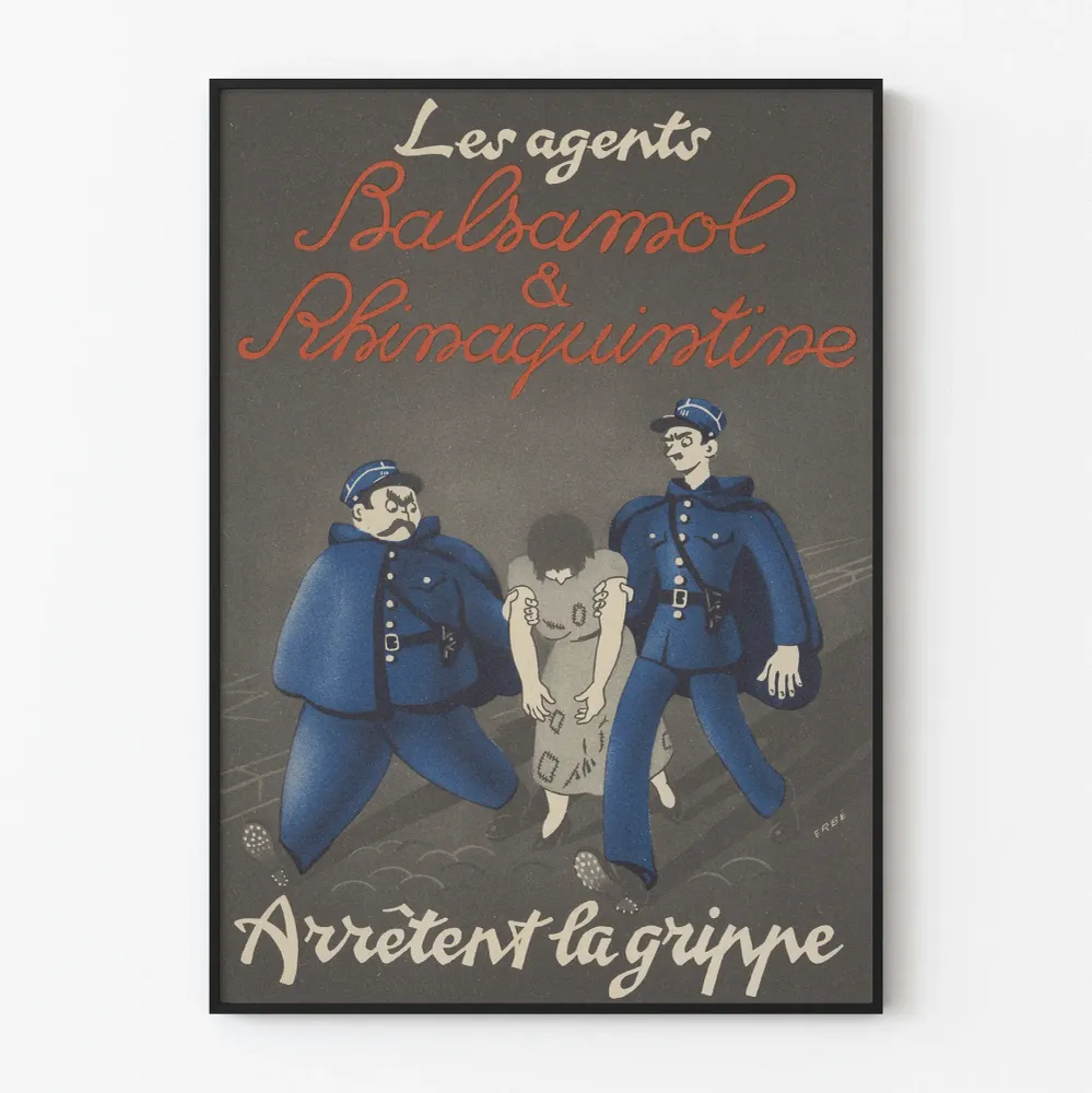 Vintagejuliste Les agents Balsamol & Rhinaquintine – Retroseinän koristelu