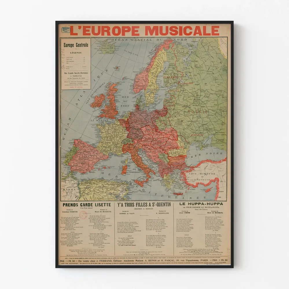Vintagejuliste L'Europe Musicale - Euroopan keskusten koristekartta