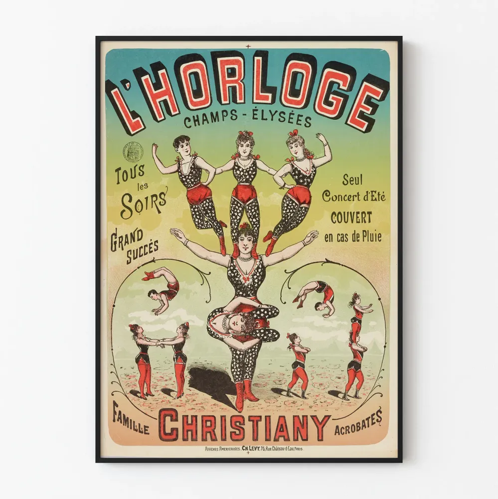Vintagejuliste L'Horloge Champs-Élysées Perhe Christiany Akrobaatit