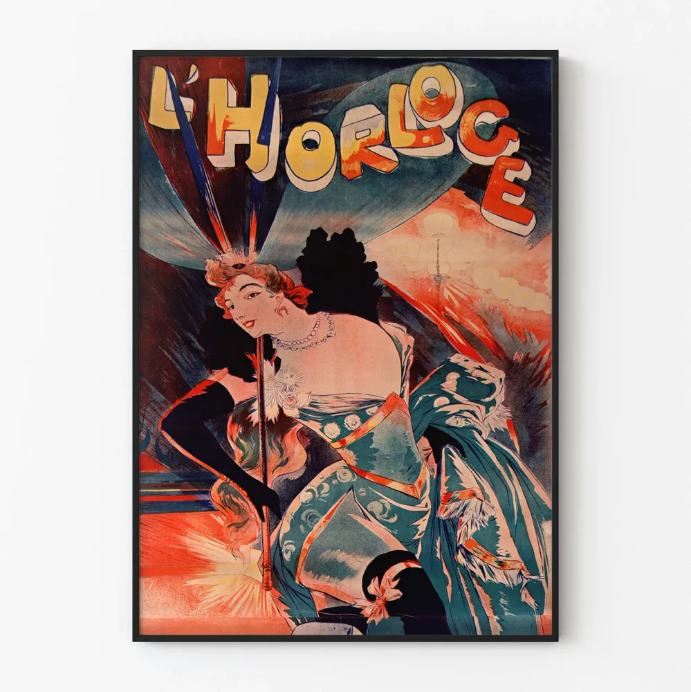 Vintagejuliste L'Horloge eleganttiin seinäkoristukseen