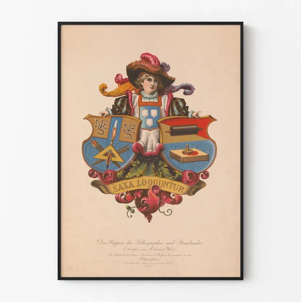 Vintagejuliste Lithografien ja painajien vaakuna kivellä