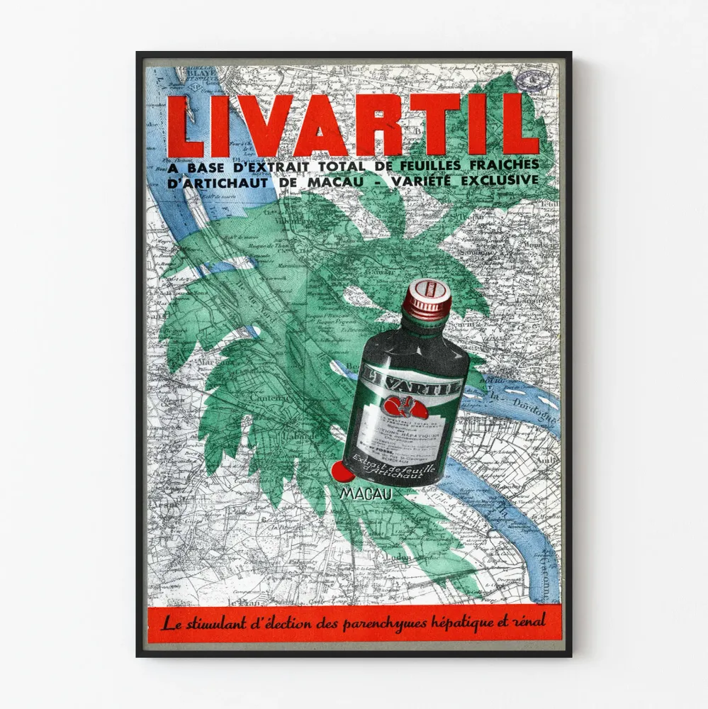 Vintagejuliste LIVARTIL – Seinän koristelu artisokka ja vanha kartta