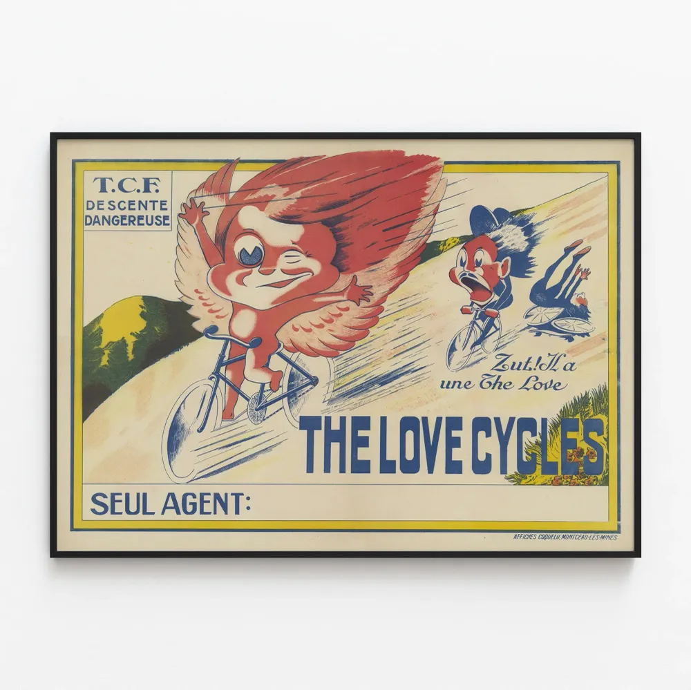 Vintagejuliste Love Cycles - Vaara alamäki pyörällä