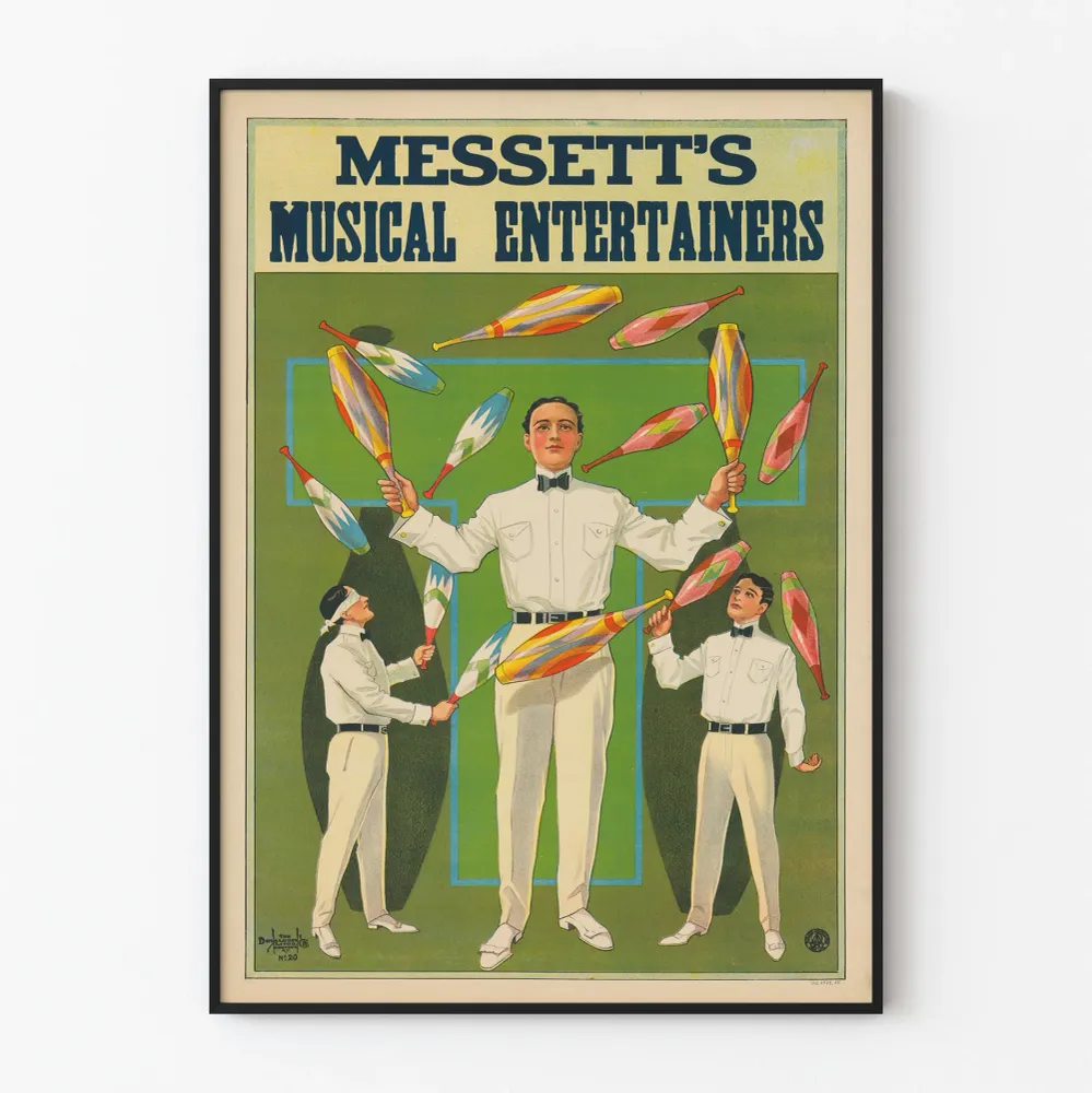 Vintagejuliste Mesett's Musikaaliset viihdyttäjät, jonglöörit värikkäitä