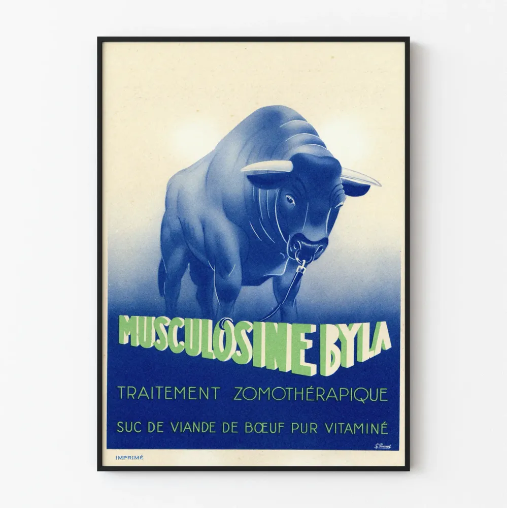 Vintagejuliste Musculosine Byla - Retroseinän koriste sininen härkä