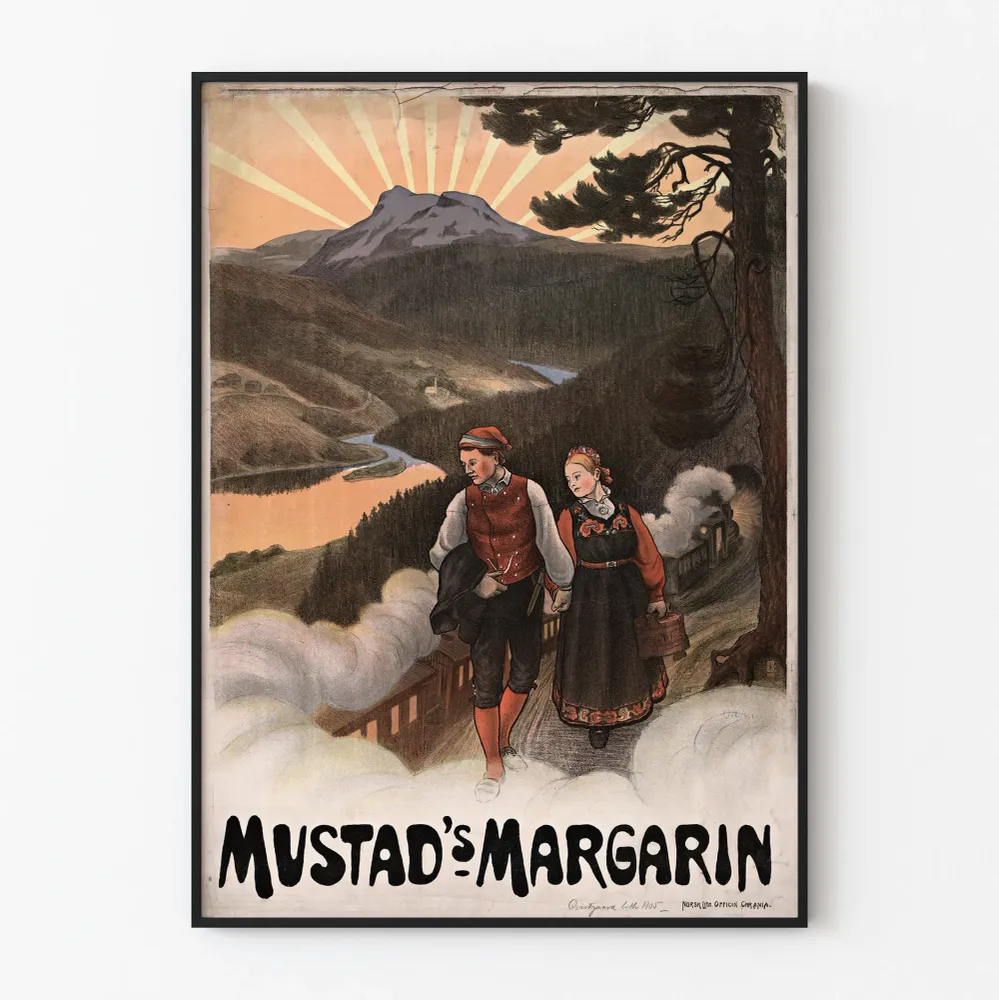 Vintagejuliste Mustad's Margarine maisema ja pari perinteisissä pukuissa