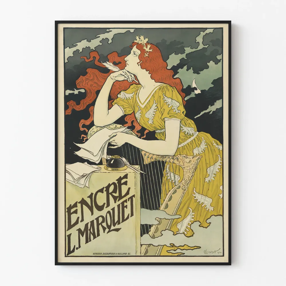 Vintagejuliste muste L. Marquet seinäkoristeeksi taiteelliseen sisustukseen