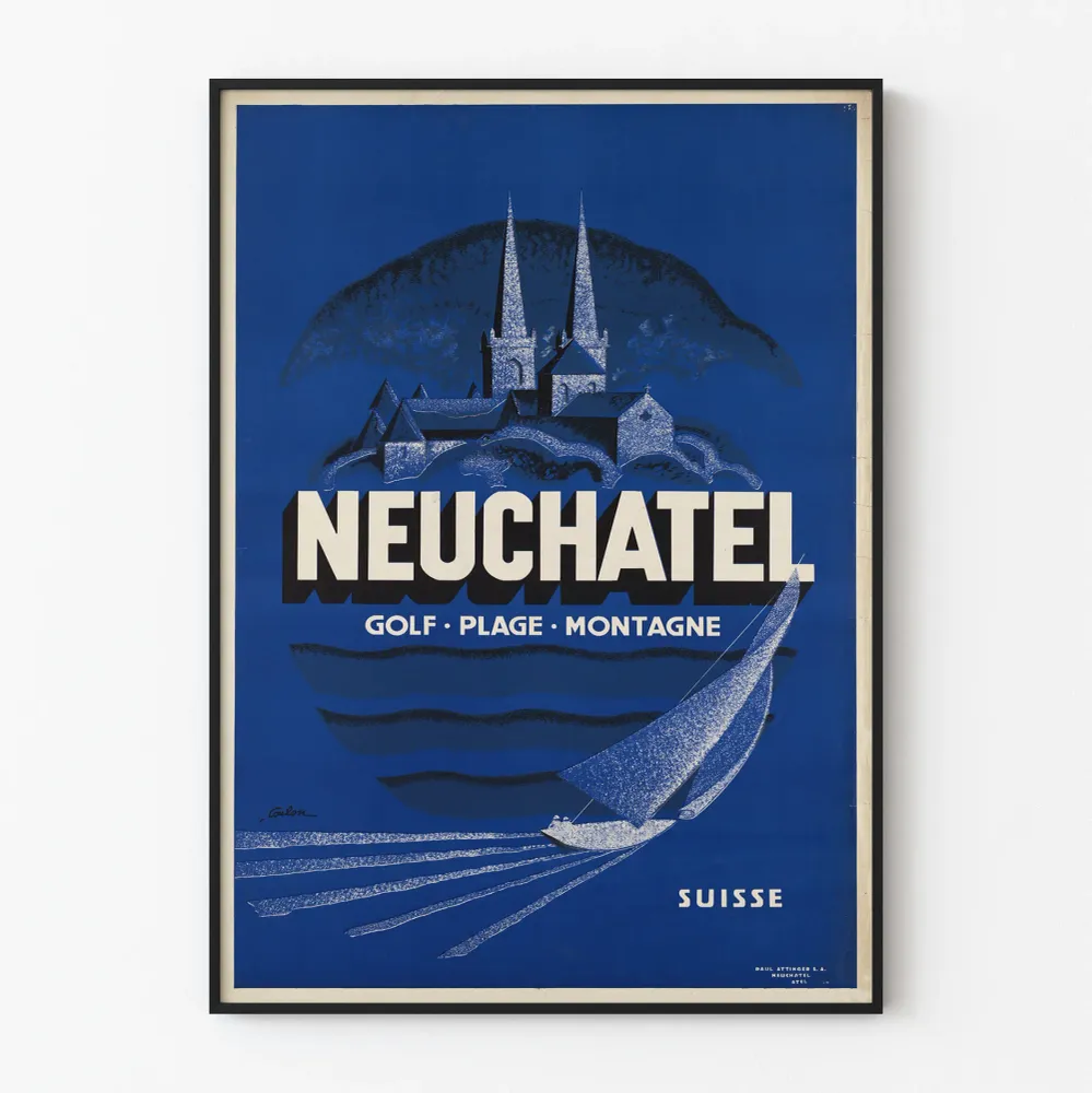 Vintagejuliste Neuchâtel - Golf, Ranta, Vuori Sveitsissä