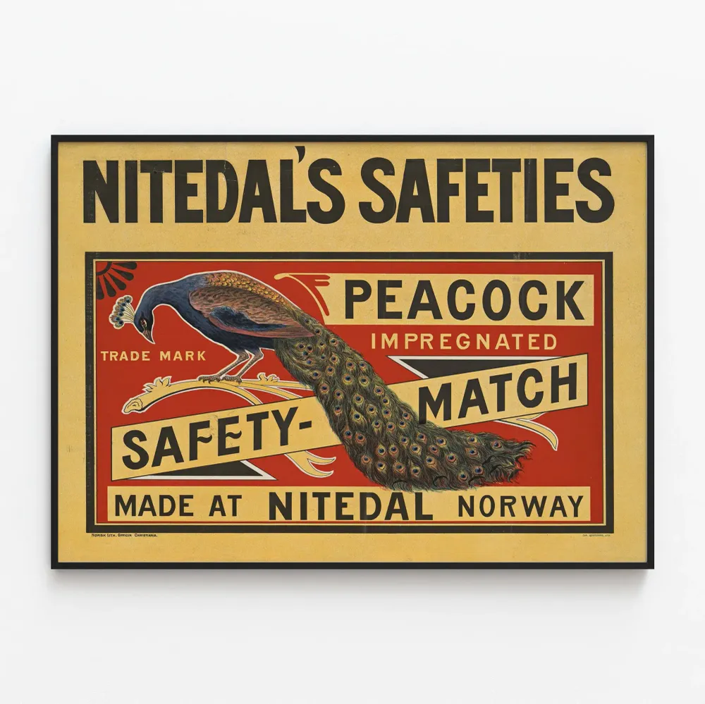 Vintagejuliste Nitedal's Safeties ja peacock - Retroseinäkkeilmaalaus