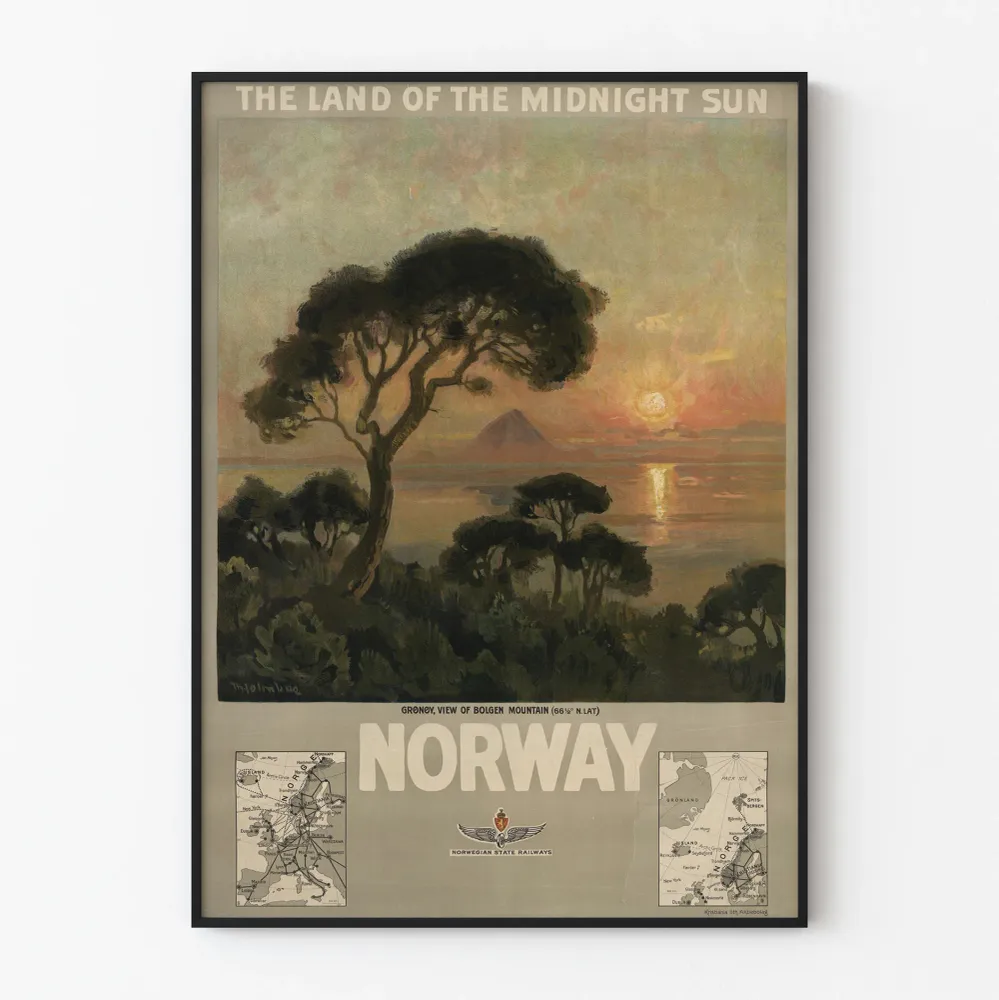 Vintagejuliste Norjasta – Keskiyön auringon maa, näkymä Mont Bolgeniin