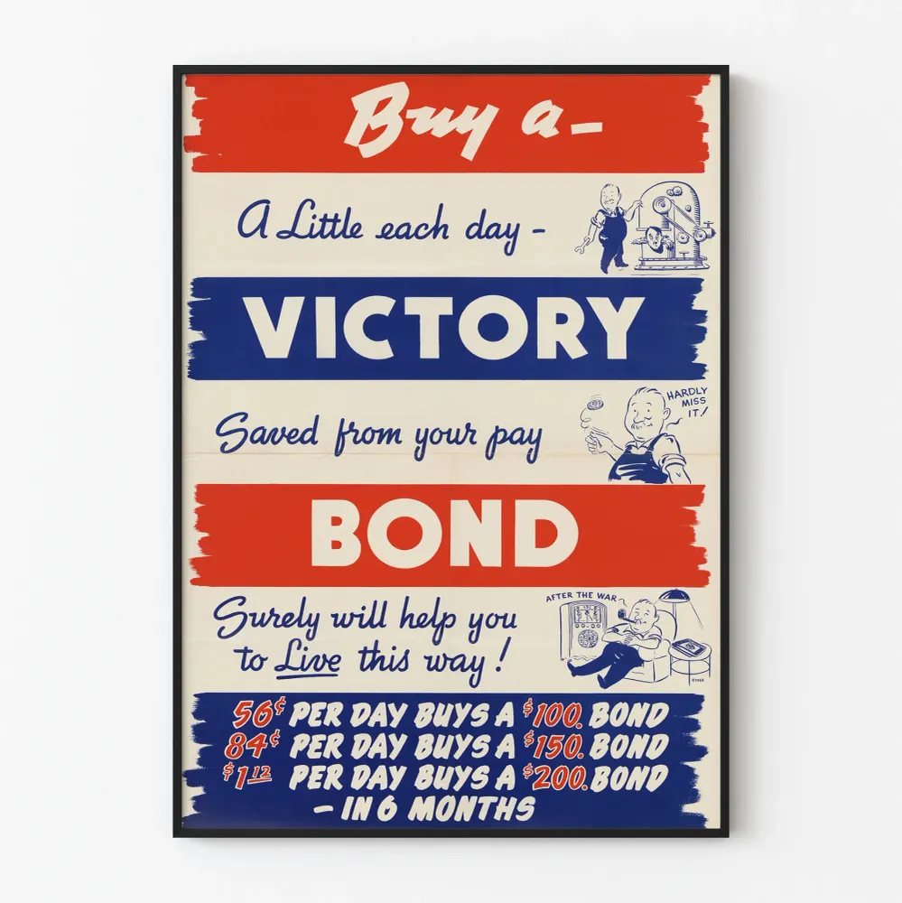 Vintagejuliste Osta voittoobligaatio kansalliseen sisustukseen patriotiselle seinälle