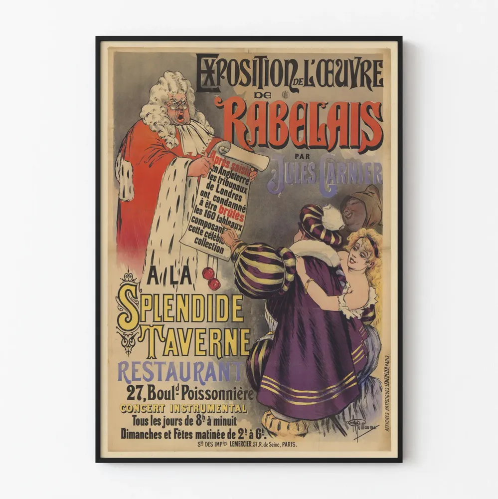 Vintagejuliste Rabelaisin teoksesta Jules Garnierin näyttelyssä