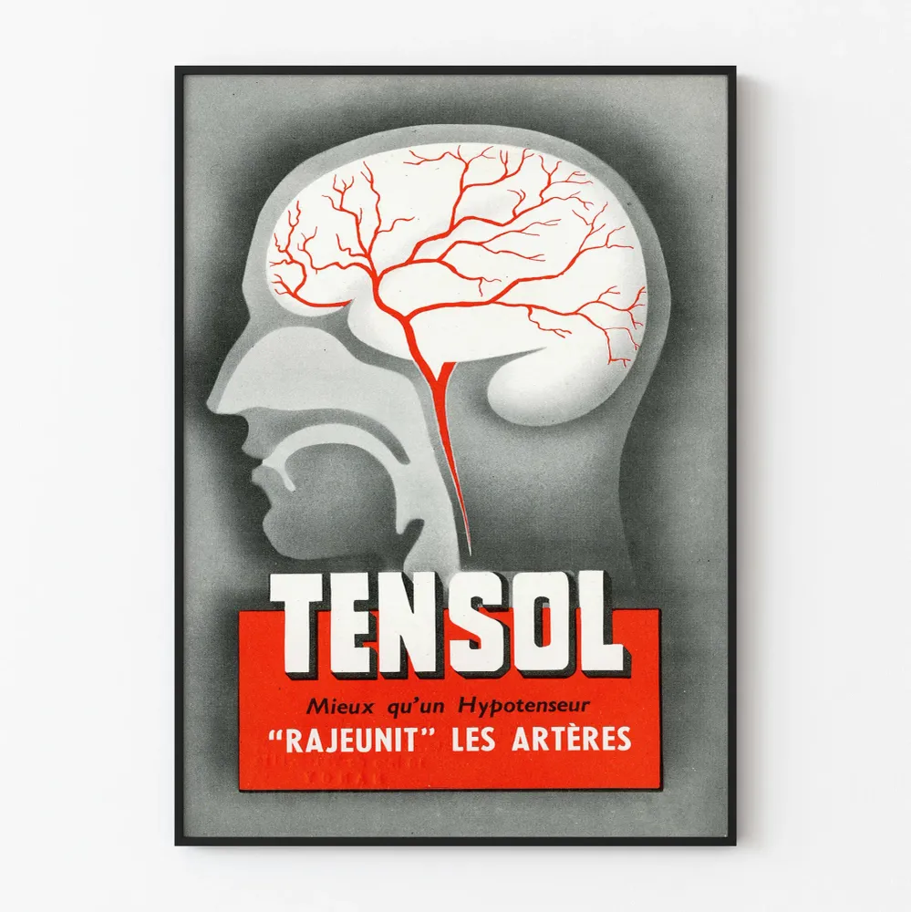 Vintagejuliste Tensol - Aivovaltimon kuva-aihe punaisena ja valkoisena