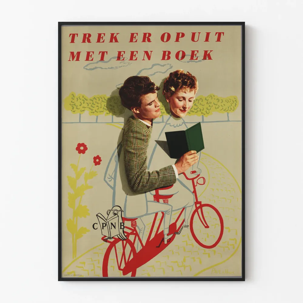 Vintagejuliste "Trek er op uit met een boek" seinäkoristelu
