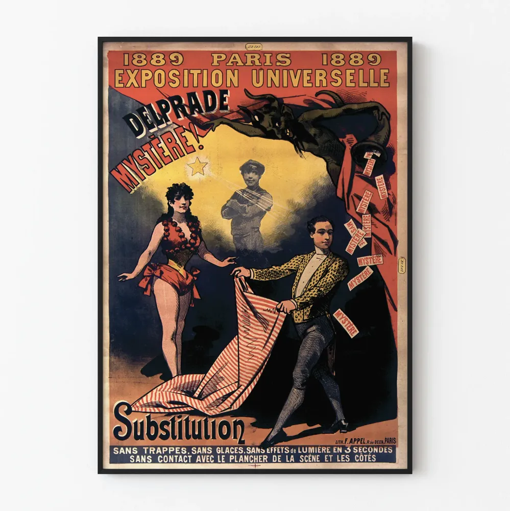 Vintagejuliste vuodelta 1889 Pariisin yleisnäyttelyn - Delpraden mysteerinäytös