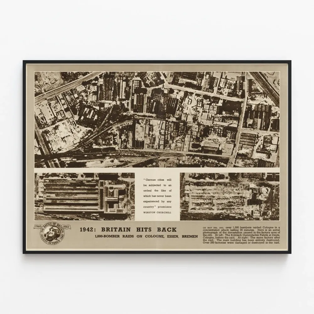 Vintagejuliste vuodelta 1942 Britannian pommituksista Kölnissä – Historiallinen seinäkoriste