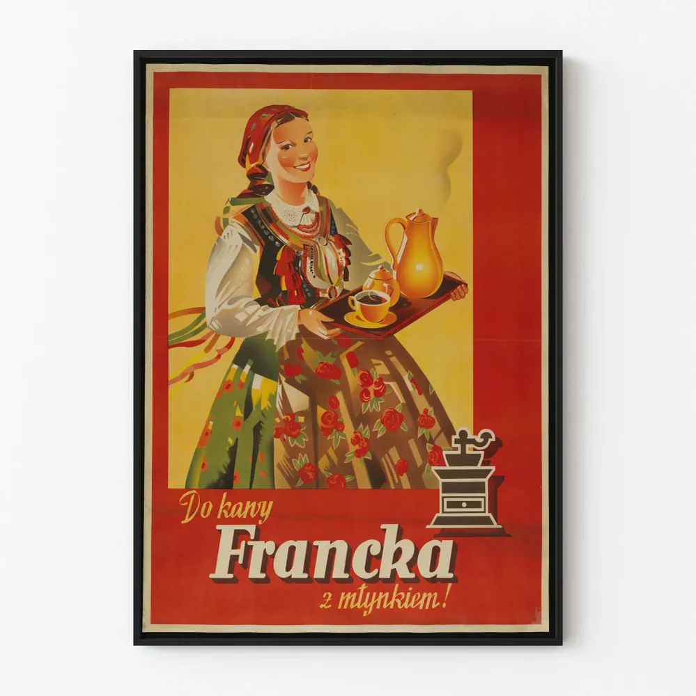 Vintage-kahvilista Francka kahvimyllyn kanssa