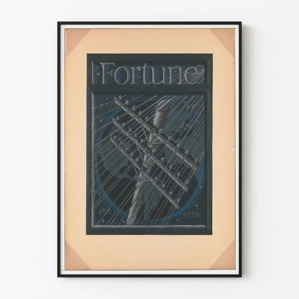 Vintagemainen Fortune-telefontarjontajuliste, jossa puhelinlinjoja ja maapallo