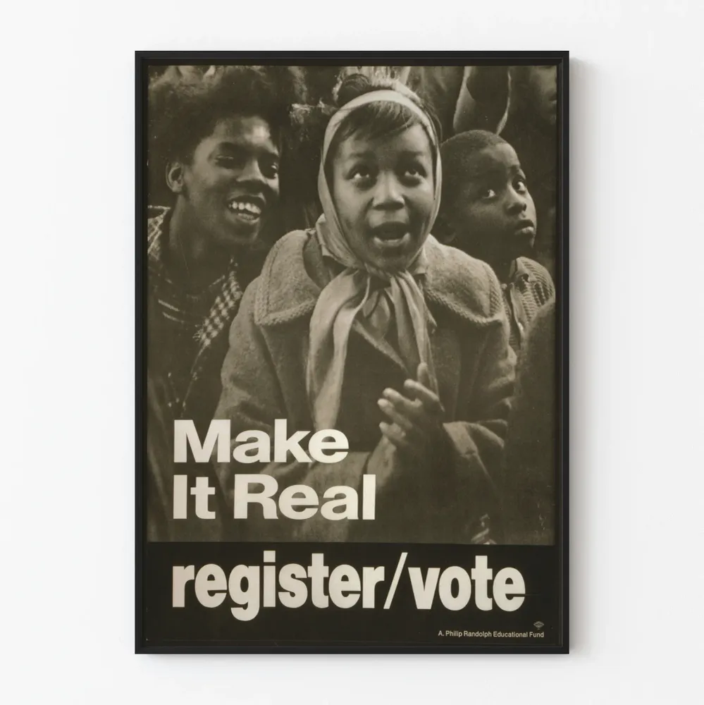 Vintagemainen juliste kehottaen rekisteröitymiseen ja äänestämiseen