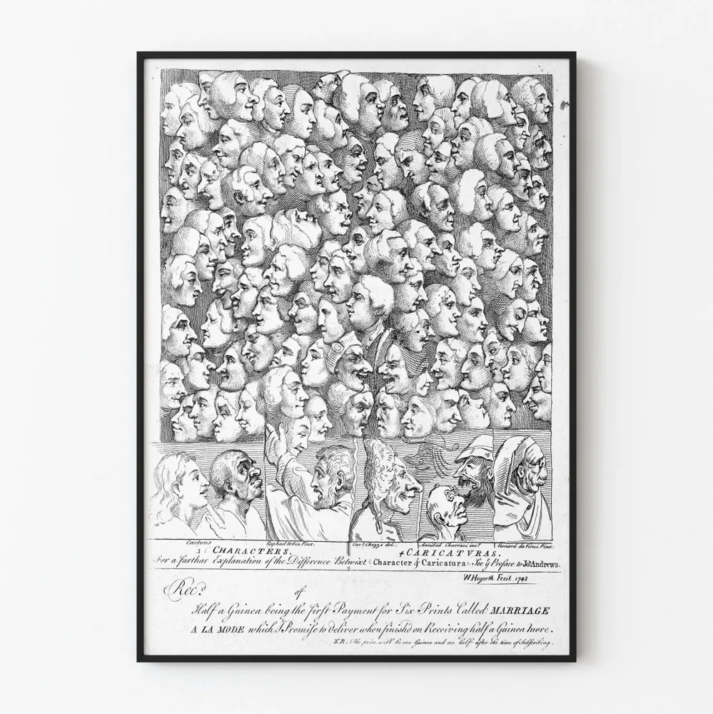 Vintagemainen taiteellinen juliste profiileista ja karikatyyreistä mustavalkoisena